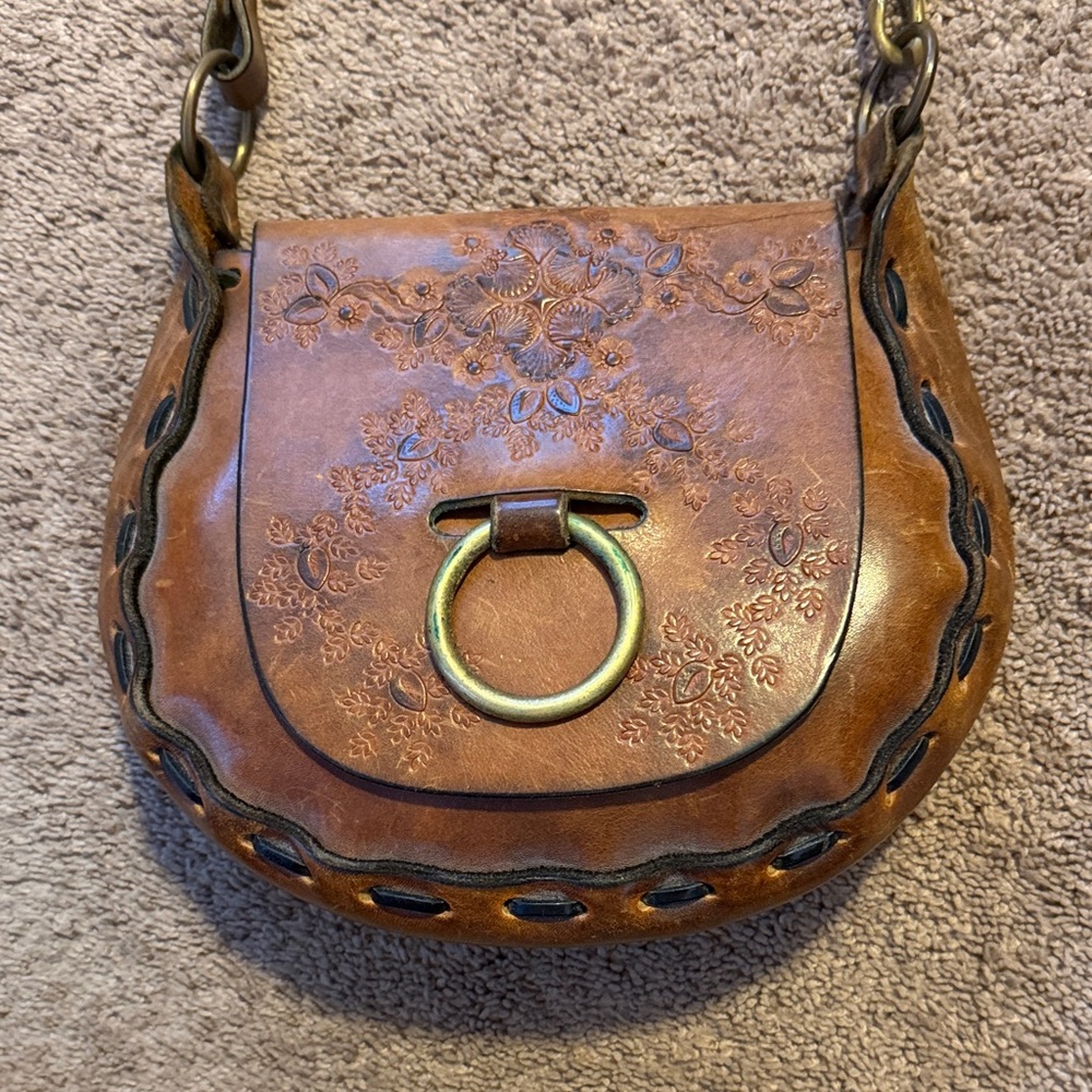 Brown Floral Embossed Leather Bag